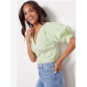 Sanctuary Striped Blouse Womens Size Small Cotton Puff Sleeves V-Neck Green Blue